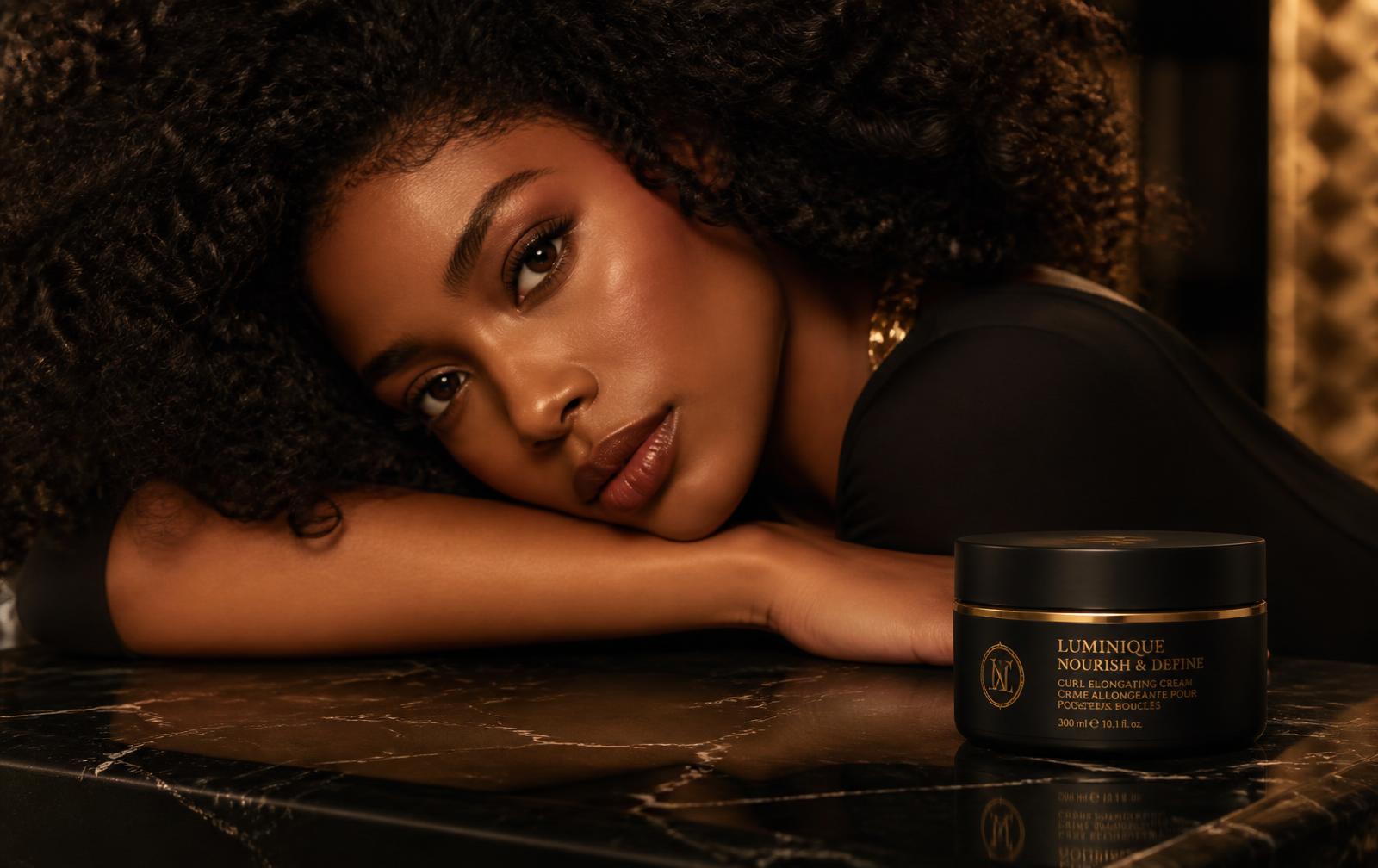 Model with defined natural curls beside the Kingdom Touch hair cream jar